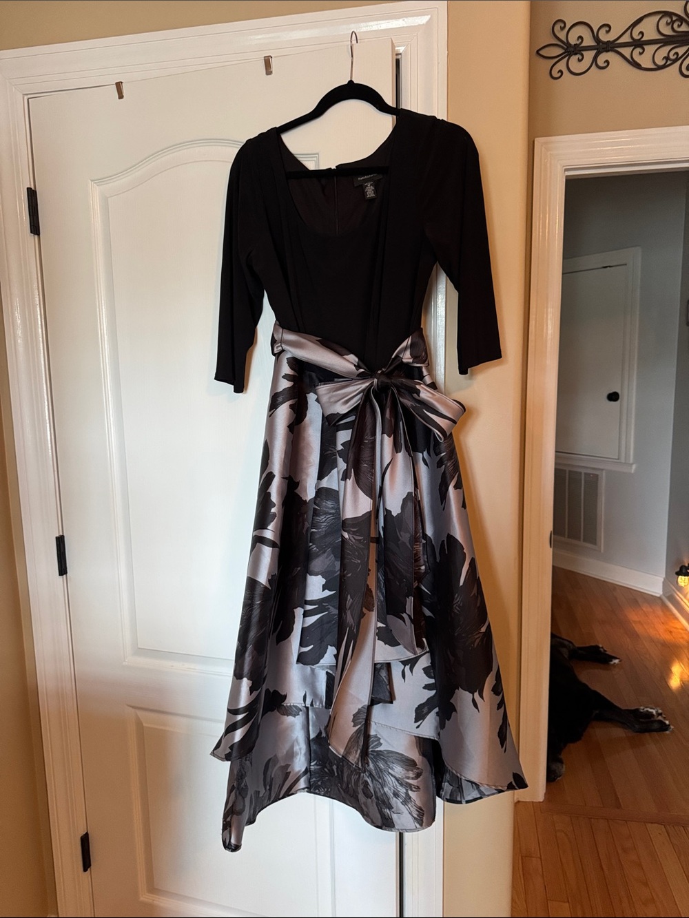 R&M Richards Black Bodice with Silver Floral High-Low Dress